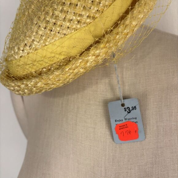 VTG 1940s 1950s Veiled Straw Woven Yellow Hat Headpiece Netting Union Made - Picture 8 of 9
